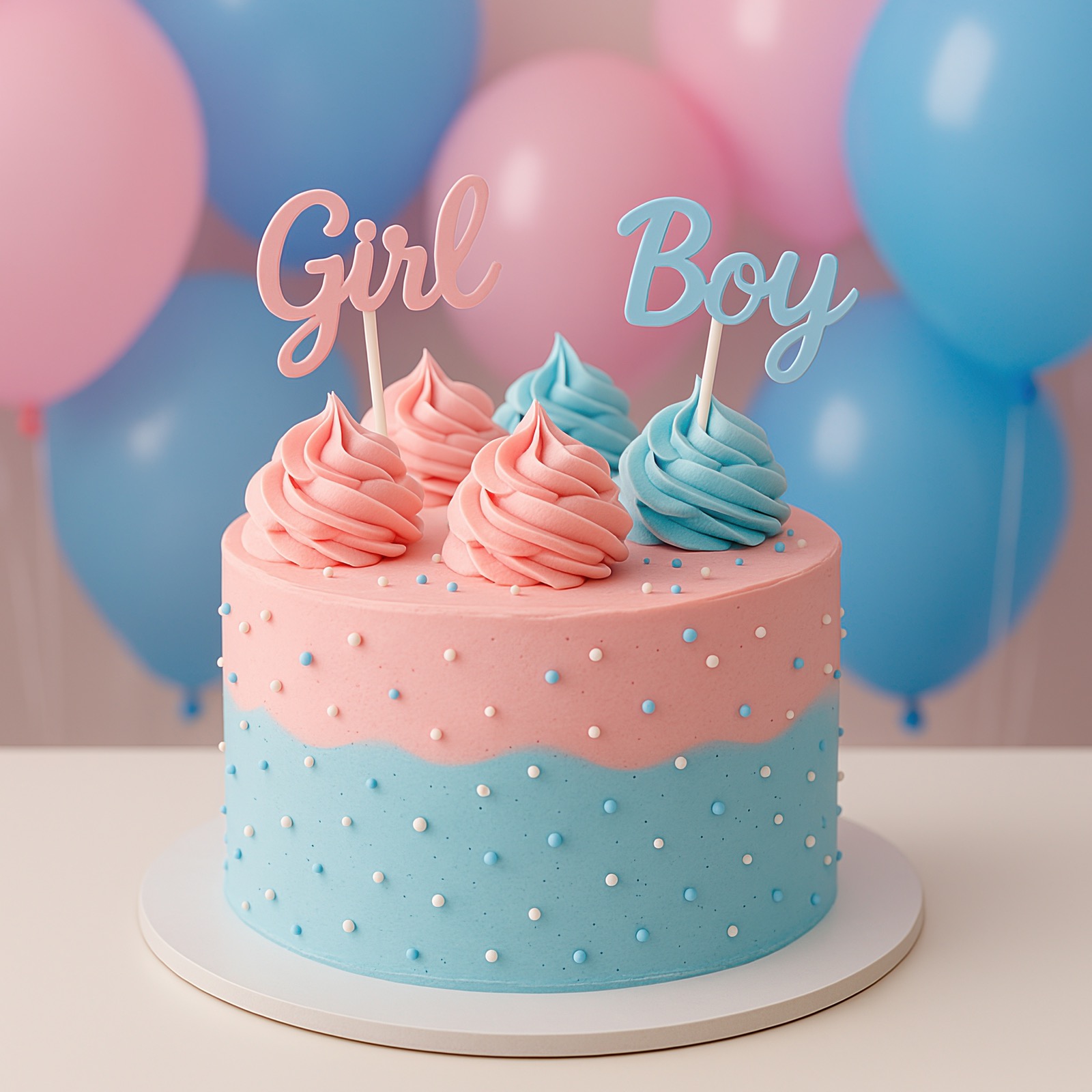 Gender reveal cake with pink and blue frosting celebrating baby announcement